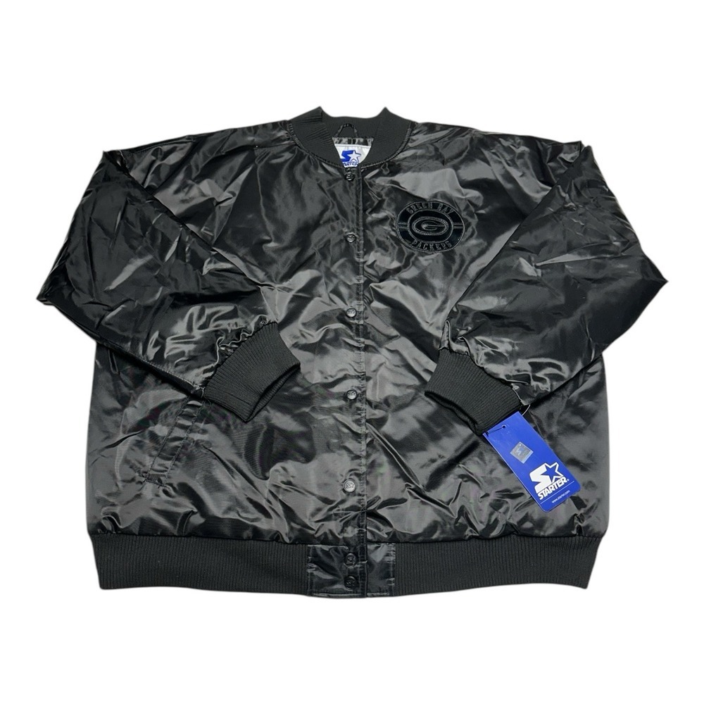 Starter Green Bay Packers Jacket Mens Sz M‎ Black NFL Football Faux Satin Bomber